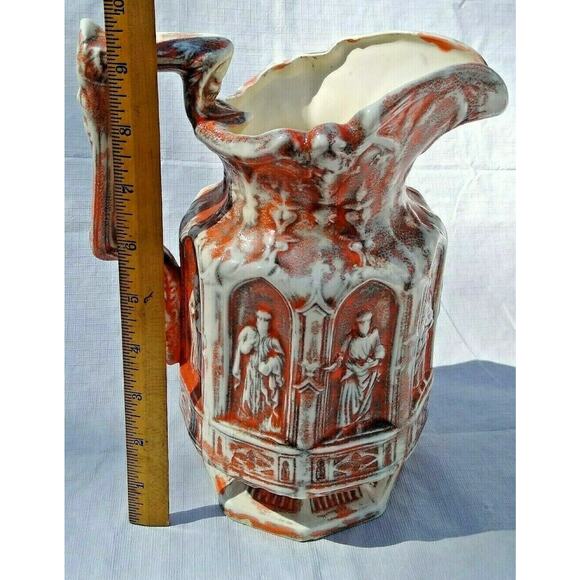 Vintage Embossed Catholic Saints Water Pitcher Religious Ceramic Orange/White